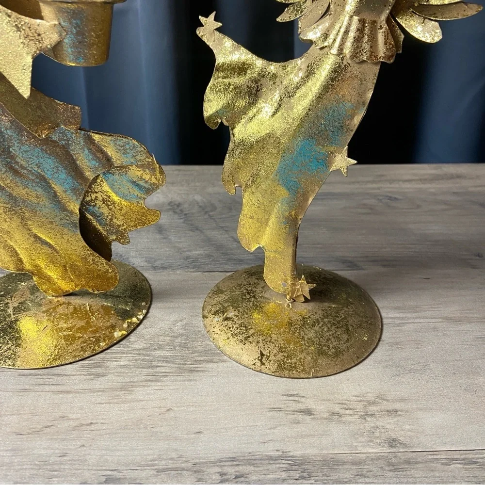 Pair of Vintage‎ Gold Metal Angel Figurines Candle Holders